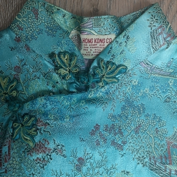 90S Y2K Chinoiserie Suzy Wong Cheongsam Lt Blue fitted short dress - Picture 5 of 7